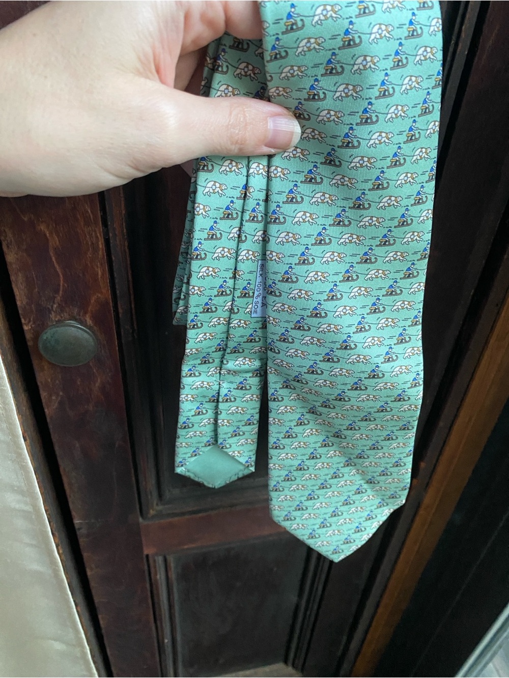 Vintage Hermes 100% Silk Mint Green Patterned Men's Tie